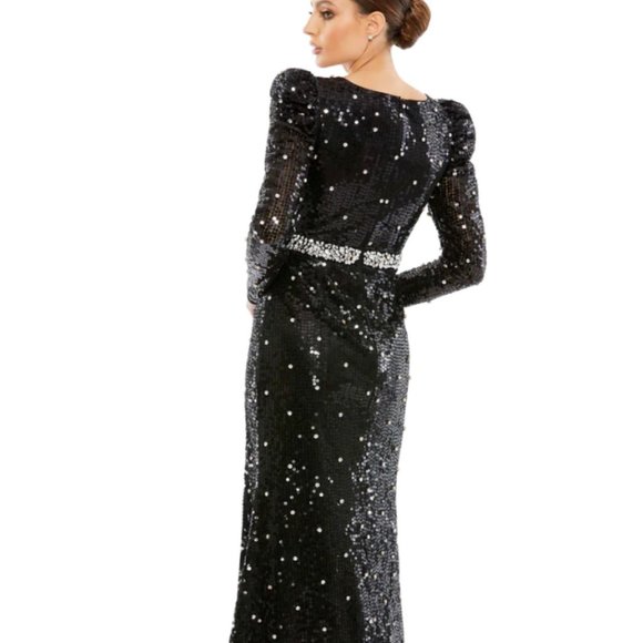 MAC DUGGAL 10736 SEQUINED FAUX WRAP PUFF SLEEVE TRUMPET BLACK GOWN sz 14 - Picture 2 of 8